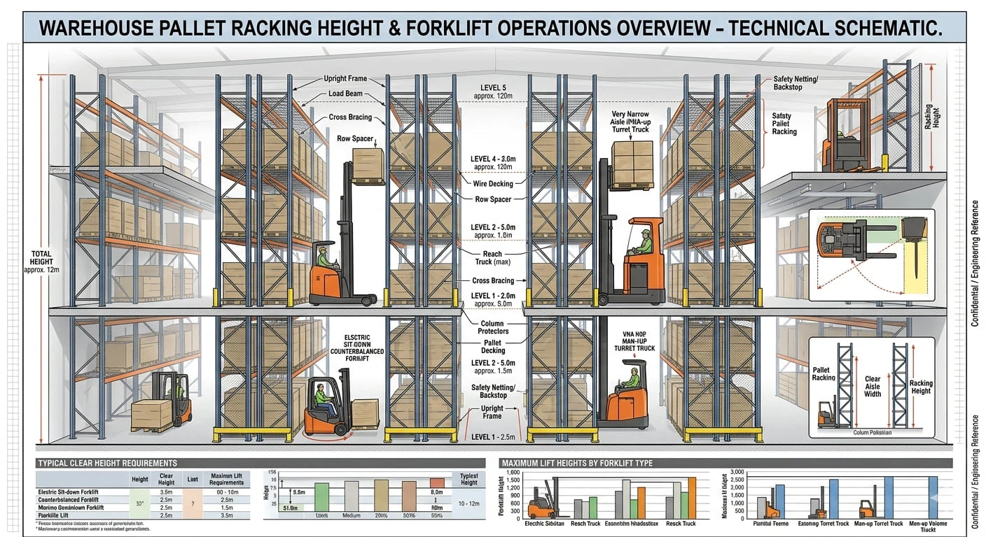 warehouse pallet racking height overview with forklifts operating at different levels warehouse pallet racking height overview with forklifts operating at different levels