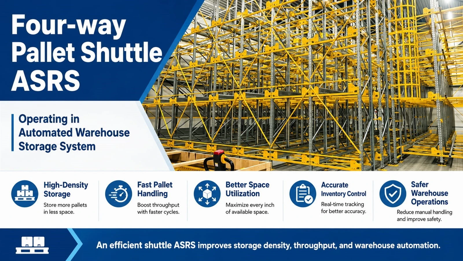 Four-way pallet shuttle ASRS operating in automated warehouse storage system Four-way pallet shuttle ASRS operating in automated warehouse storage system