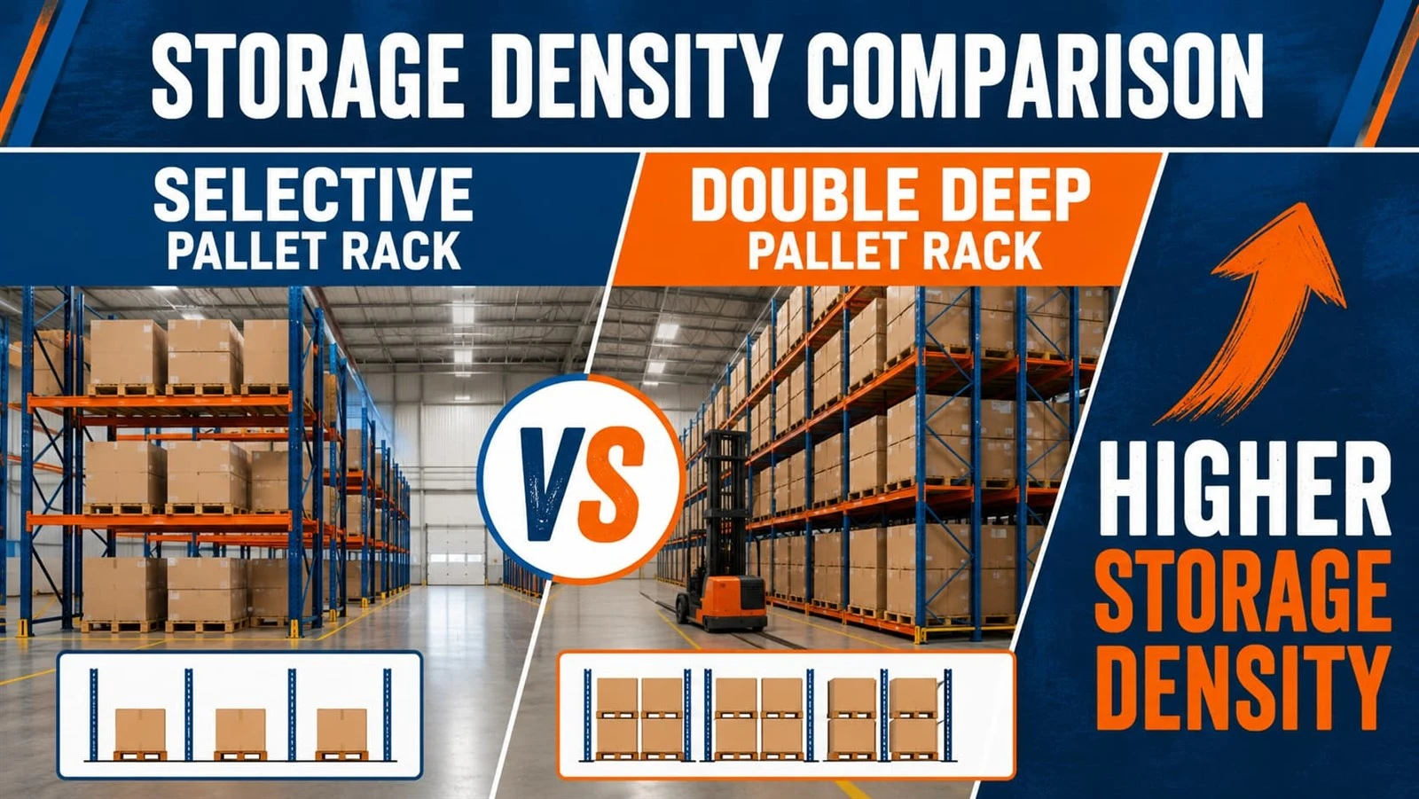 Storage density comparison between selective pallet rack and double deep pallet rack Storage density comparison between selective pallet rack and double deep pallet rack