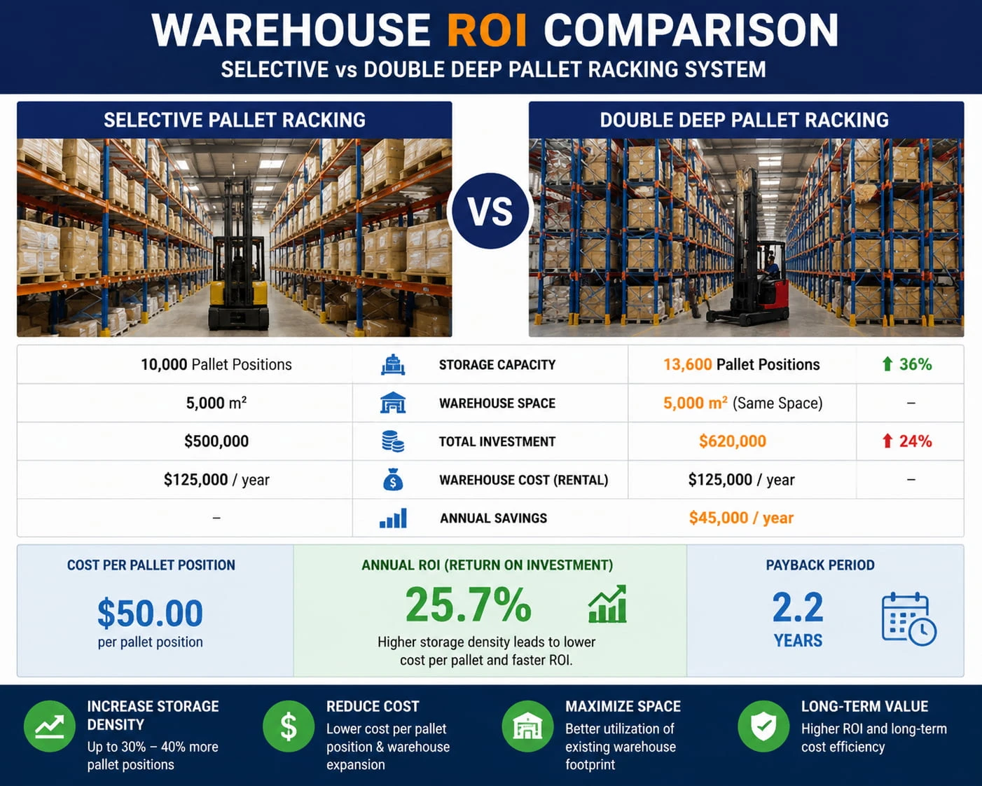 Warehouse ROI comparison between selective and double deep pallet racking system Warehouse ROI comparison between selective and double deep pallet racking system