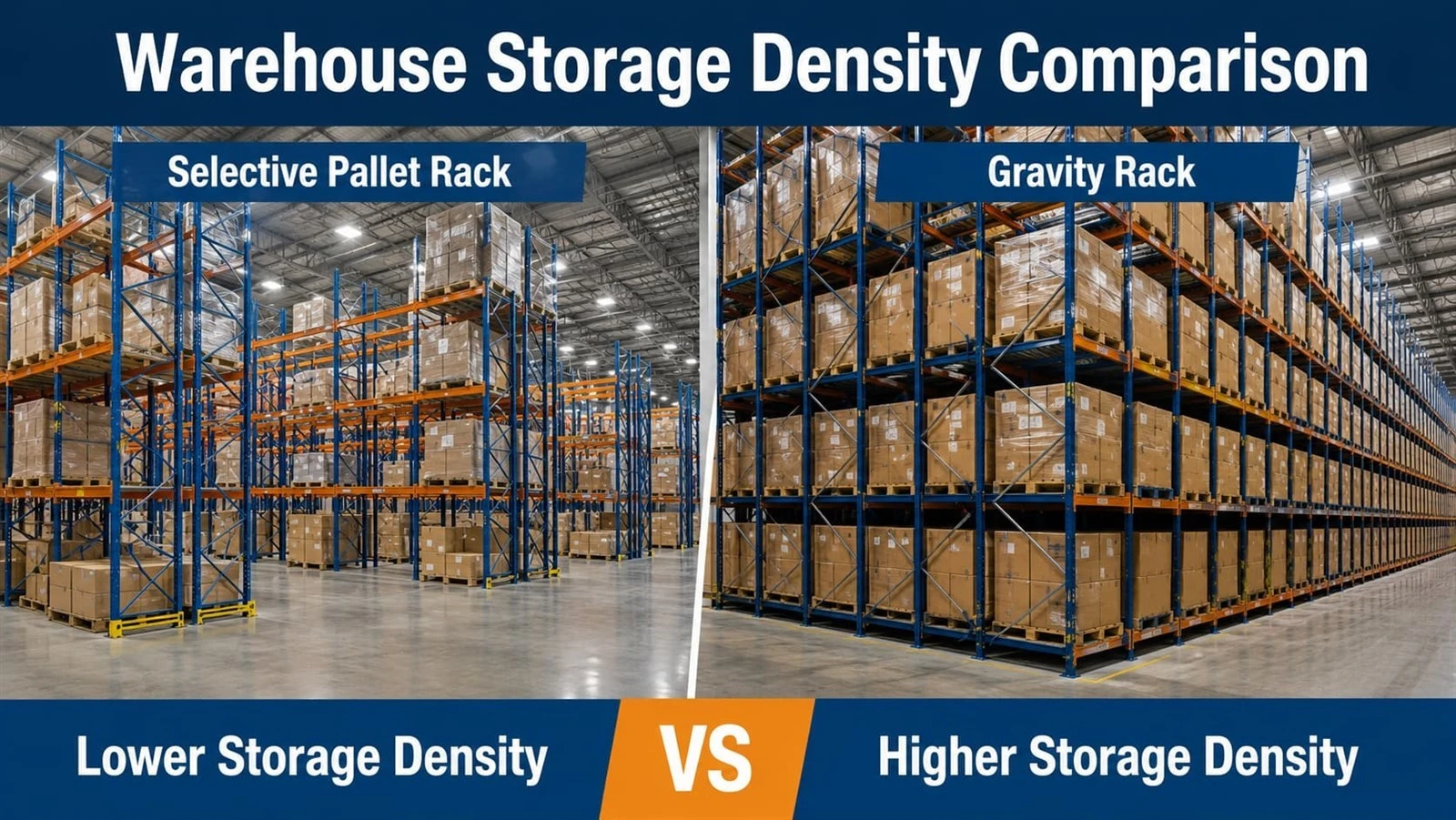 Warehouse storage density comparison between gravity rack and selective pallet rack Warehouse storage density comparison between gravity rack and selective pallet rack