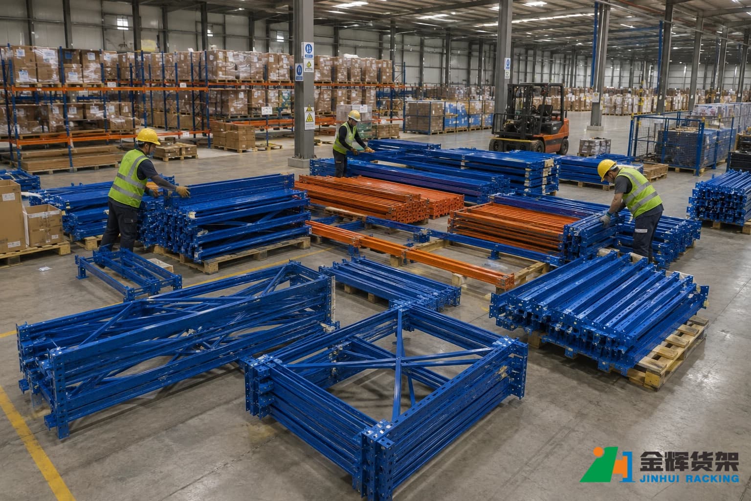 Warehouse technicians organizing heavy duty pallet rack components before installation Warehouse technicians organizing heavy duty pallet rack components before installation