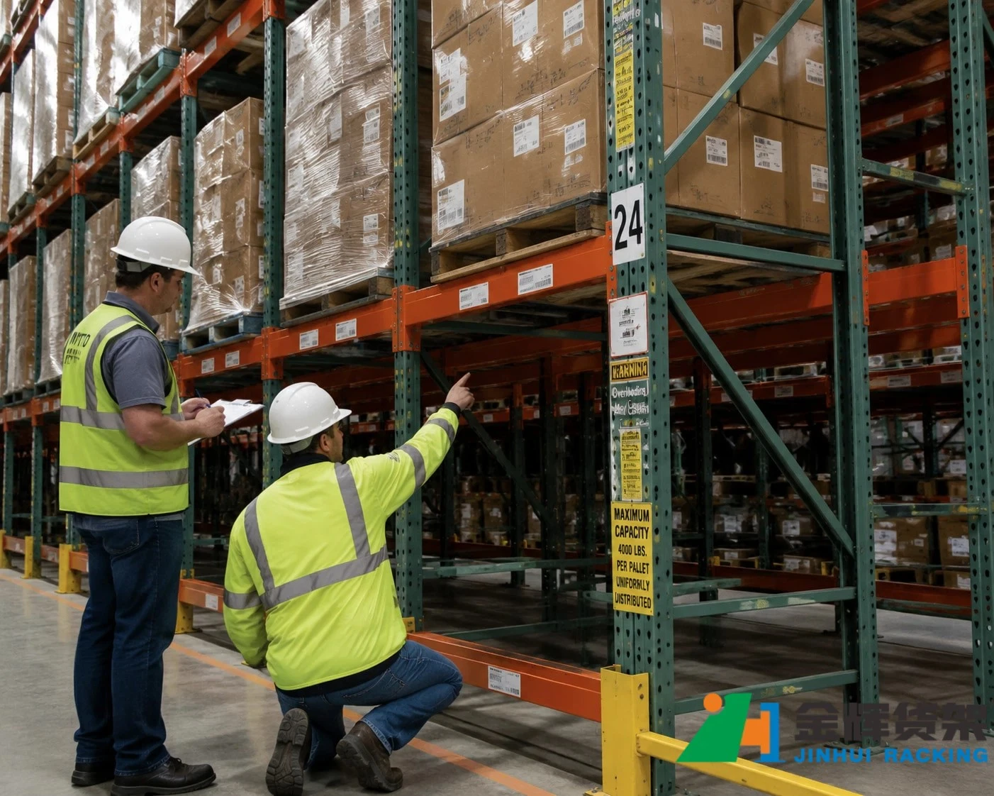 Industrial warehouse workers inspecting heavy duty pallet rack structure for safety Industrial warehouse workers inspecting heavy duty pallet rack structure for safety