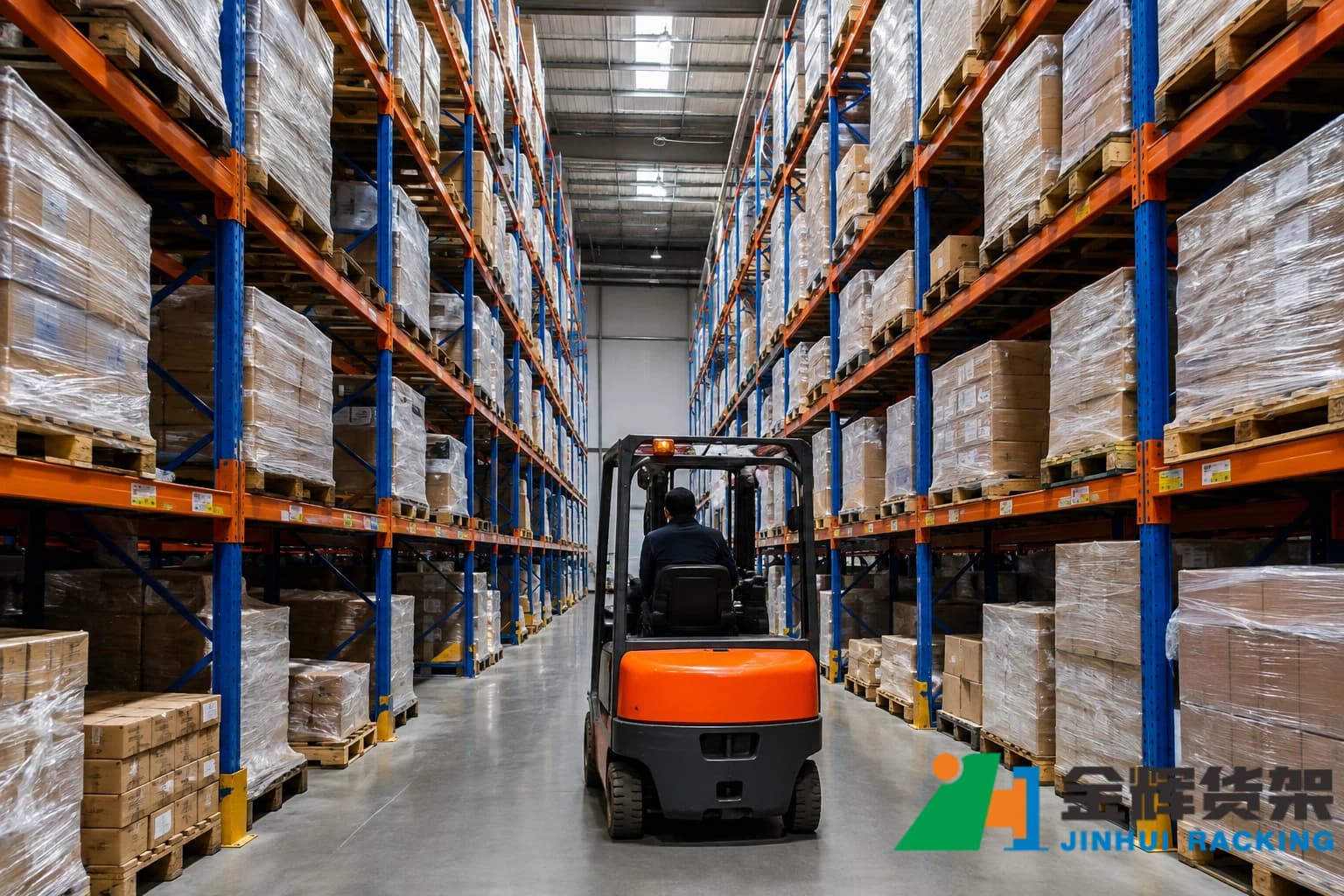 Forklift operating between industrial pallet racking rows in a warehouse aisle Forklift operating between industrial pallet racking rows in a warehouse aisle