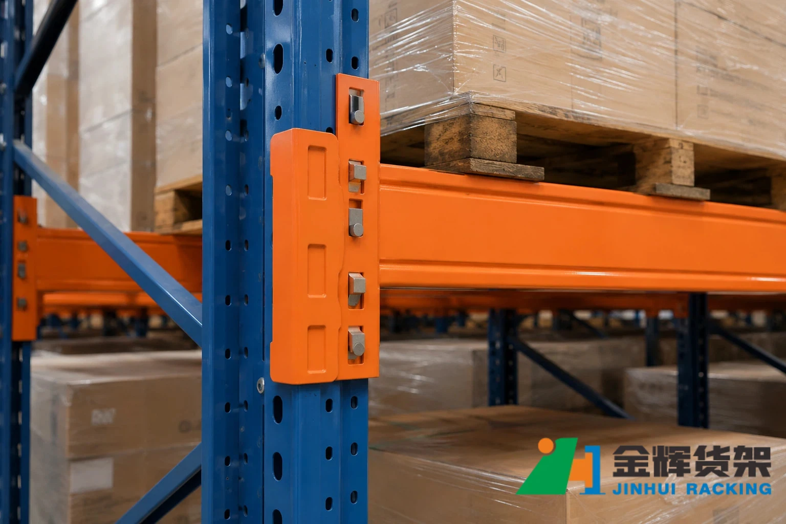 Pallet rack beam connectors securely joining horizontal beams to upright frames in an industrial warehouse Pallet rack beam connectors securely joining horizontal beams to upright frames in an industrial warehouse