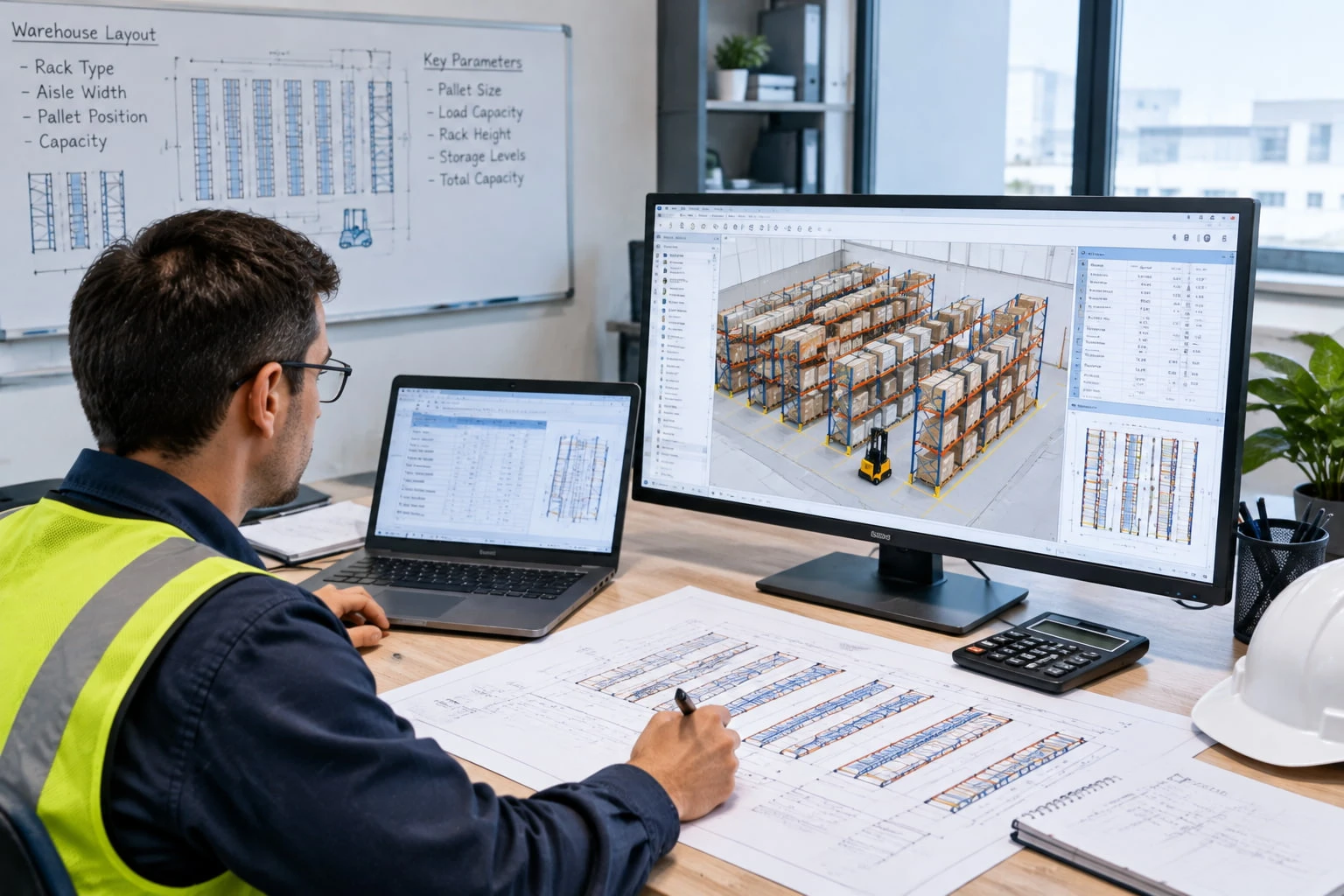 Warehouse engineer calculating pallet rack storage capacity based on rack layout and pallet positions Warehouse engineer calculating pallet rack storage capacity based on rack layout and pallet positions