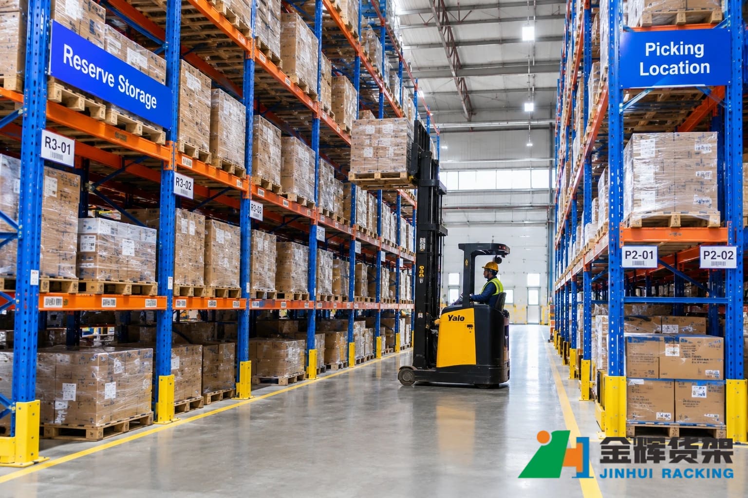 Warehouse pallet rack replenishment showing reserve pallet storage and forward picking locations Warehouse pallet rack replenishment showing reserve pallet storage and forward picking locations