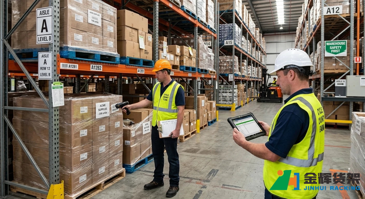 Warehouse pallet rack inventory cycle counting with workers checking pallet locations and inventory records Warehouse pallet rack inventory cycle counting with workers checking pallet locations and inventory records