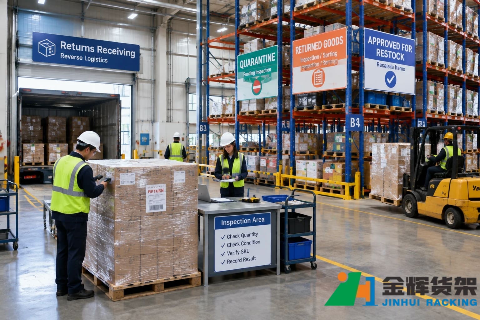Warehouse workers inspecting returned pallets in a reverse logistics area with pallet racks and quarantine storage zones Warehouse workers inspecting returned pallets in a reverse logistics area with pallet racks and quarantine storage zones