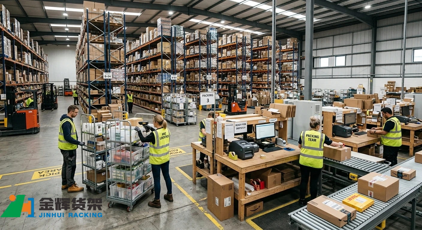 E-commerce fulfillment warehouse with pallet racks picking areas workers collecting products and packing stations E-commerce fulfillment warehouse with pallet racks picking areas workers collecting products and packing stations