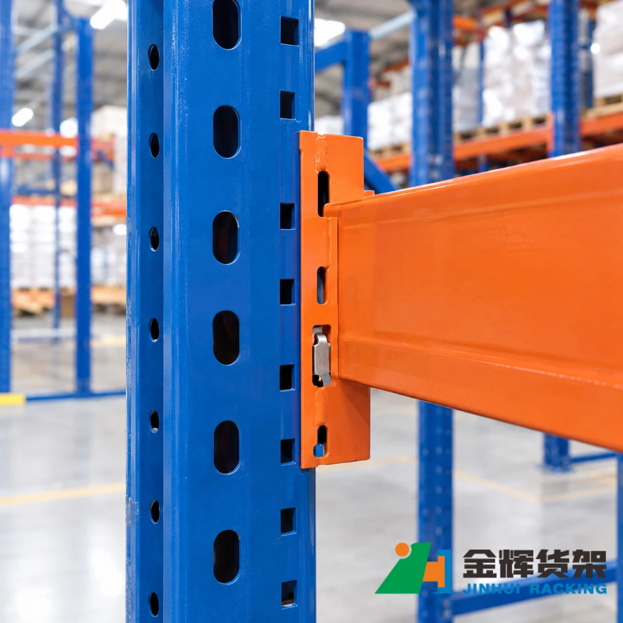 Teardrop pallet rack beam connector seated in a warehouse rack upright connection Teardrop pallet rack beam connector seated in a warehouse rack upright connection