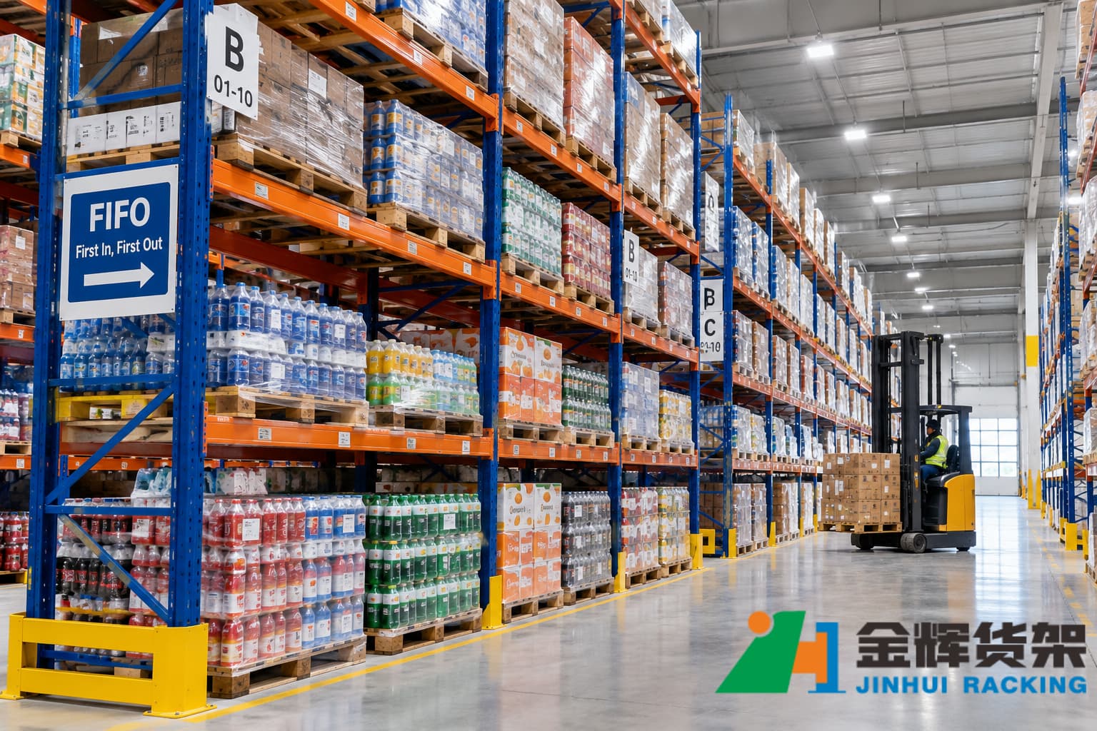 Pallet racking system organized for food and beverage warehouse inventory with FIFO storage Pallet racking system organized for food and beverage warehouse inventory with FIFO storage