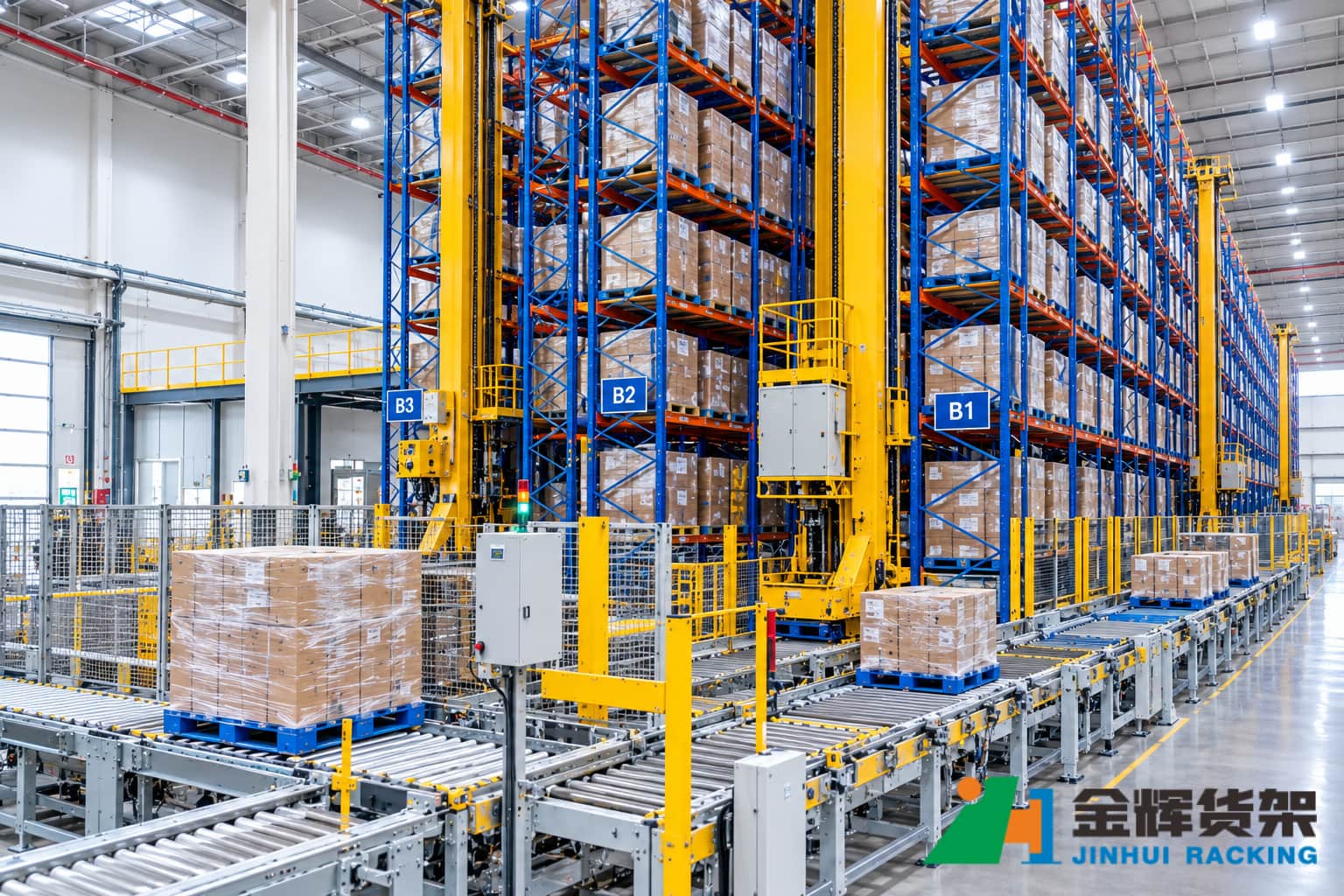 Automated ASRS pallet warehouse with high-rise racking stacker crane conveyor system and pallet storage locations Automated ASRS pallet warehouse with high-rise racking stacker crane conveyor system and pallet storage locations