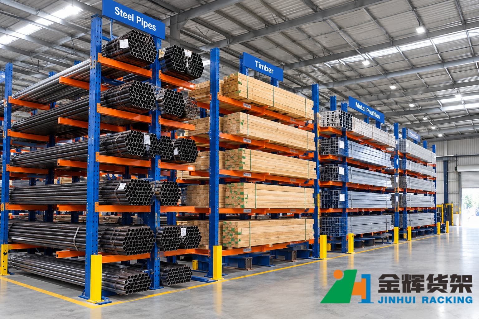 Industrial cantilever racking organized with separate storage zones for long steel pipes timber and metal profiles Industrial cantilever racking organized with separate storage zones for long steel pipes timber and metal profiles