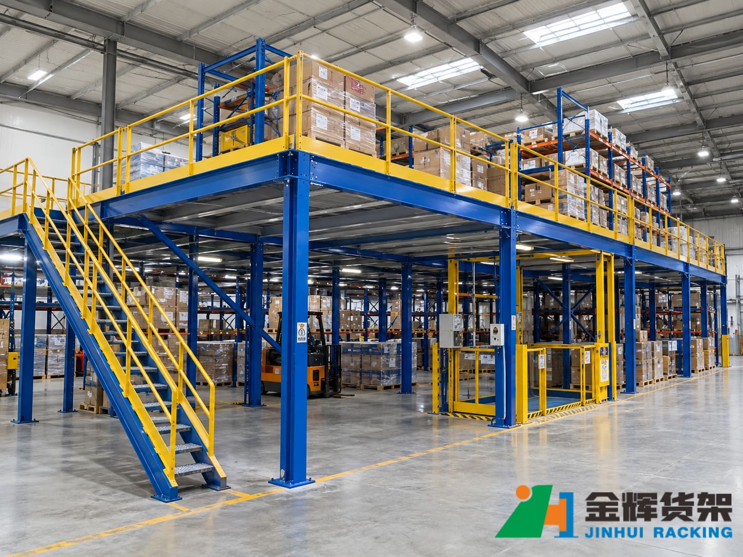 Industrial warehouse mezzanine platform with steel columns elevated storage floor guardrails stairs and a designated goods transfer opening Industrial warehouse mezzanine platform with steel columns elevated storage floor guardrails stairs and a designated goods transfer opening