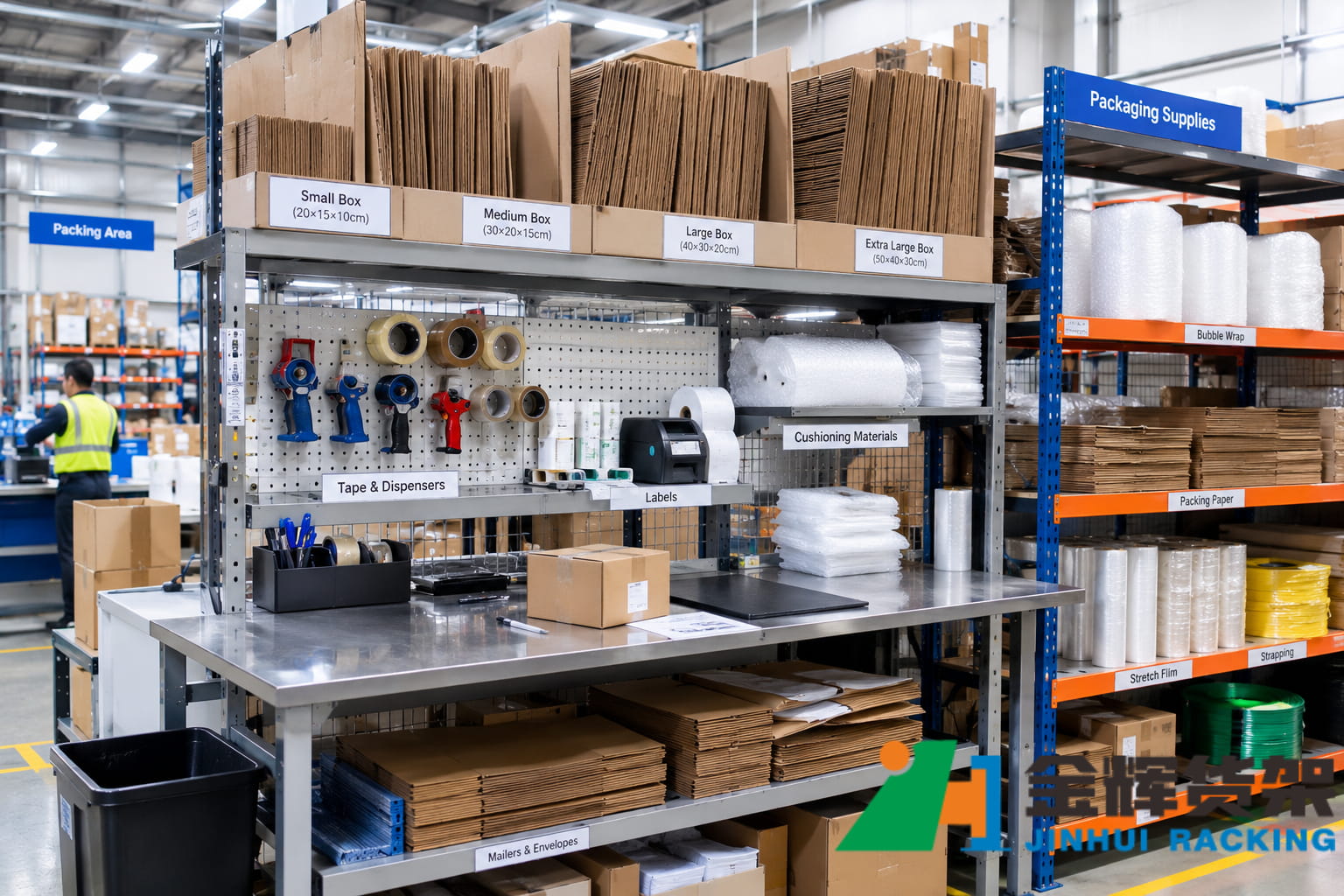 Organized warehouse packing station with clearly labeled carton sizes tape dispensers cushioning materials labels and nearby packaging supply shelving Organized warehouse packing station with clearly labeled carton sizes tape dispensers cushioning materials labels and nearby packaging supply shelving