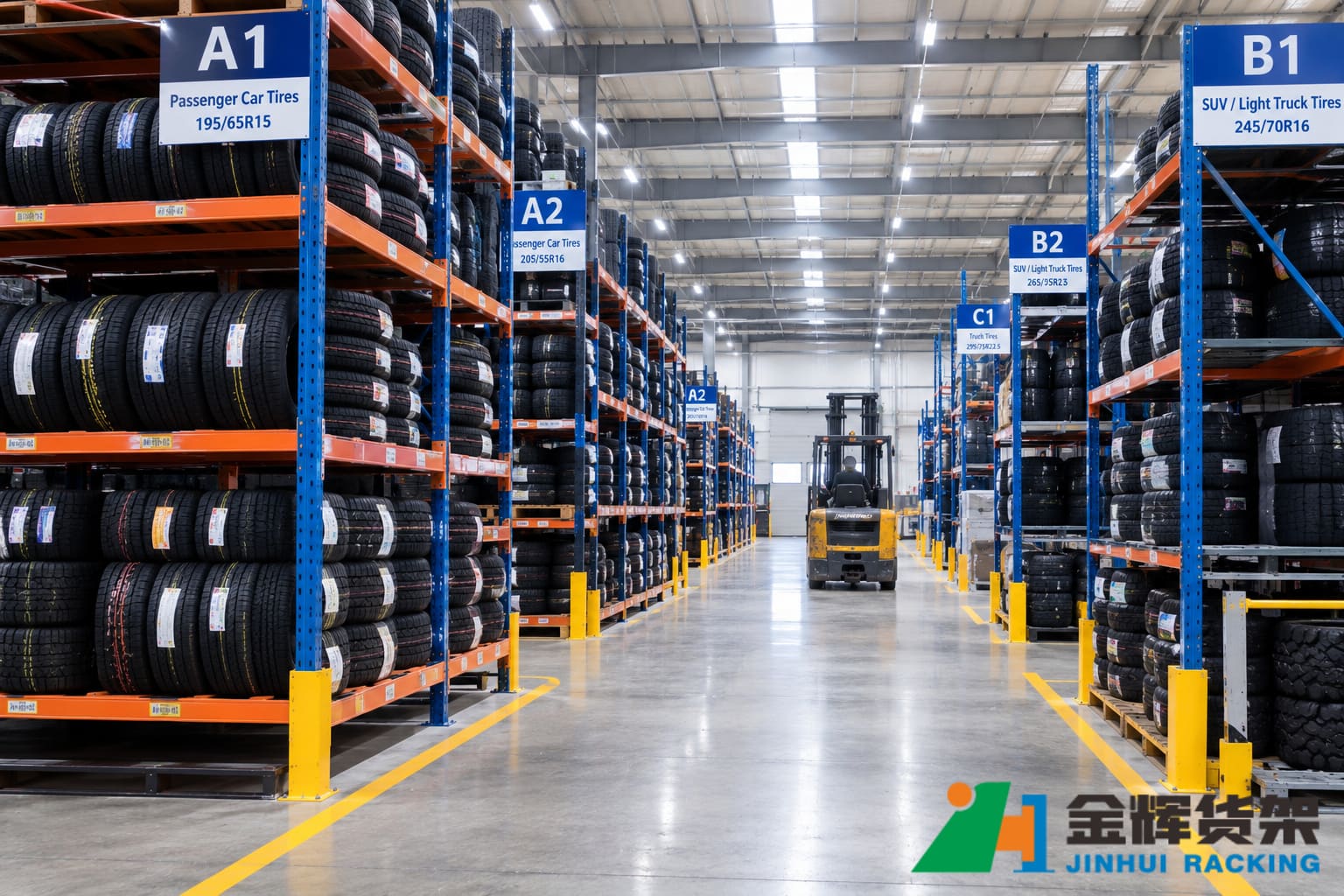 Organized tire warehouse with clearly separated tire sizes dedicated storage racks labeled inventory locations and clear forklift access aisles Organized tire warehouse with clearly separated tire sizes dedicated storage racks labeled inventory locations and clear forklift access aisles