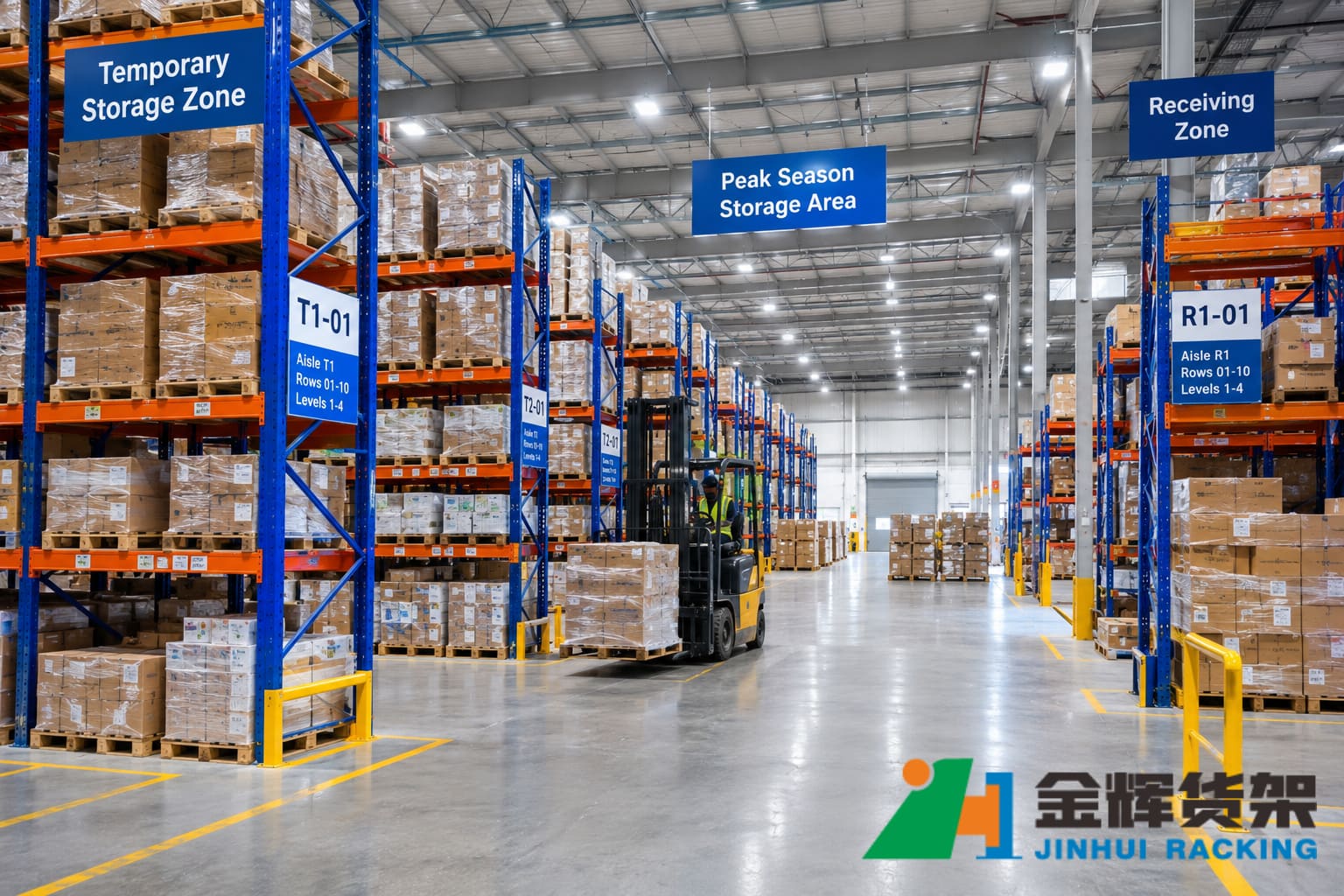 Industrial warehouse with organized temporary pallet storage blue upright frames orange rack beams clearly separated storage zones and open forklift aisles during peak season Industrial warehouse with organized temporary pallet storage blue upright frames orange rack beams clearly separated storage zones and open forklift aisles during peak season