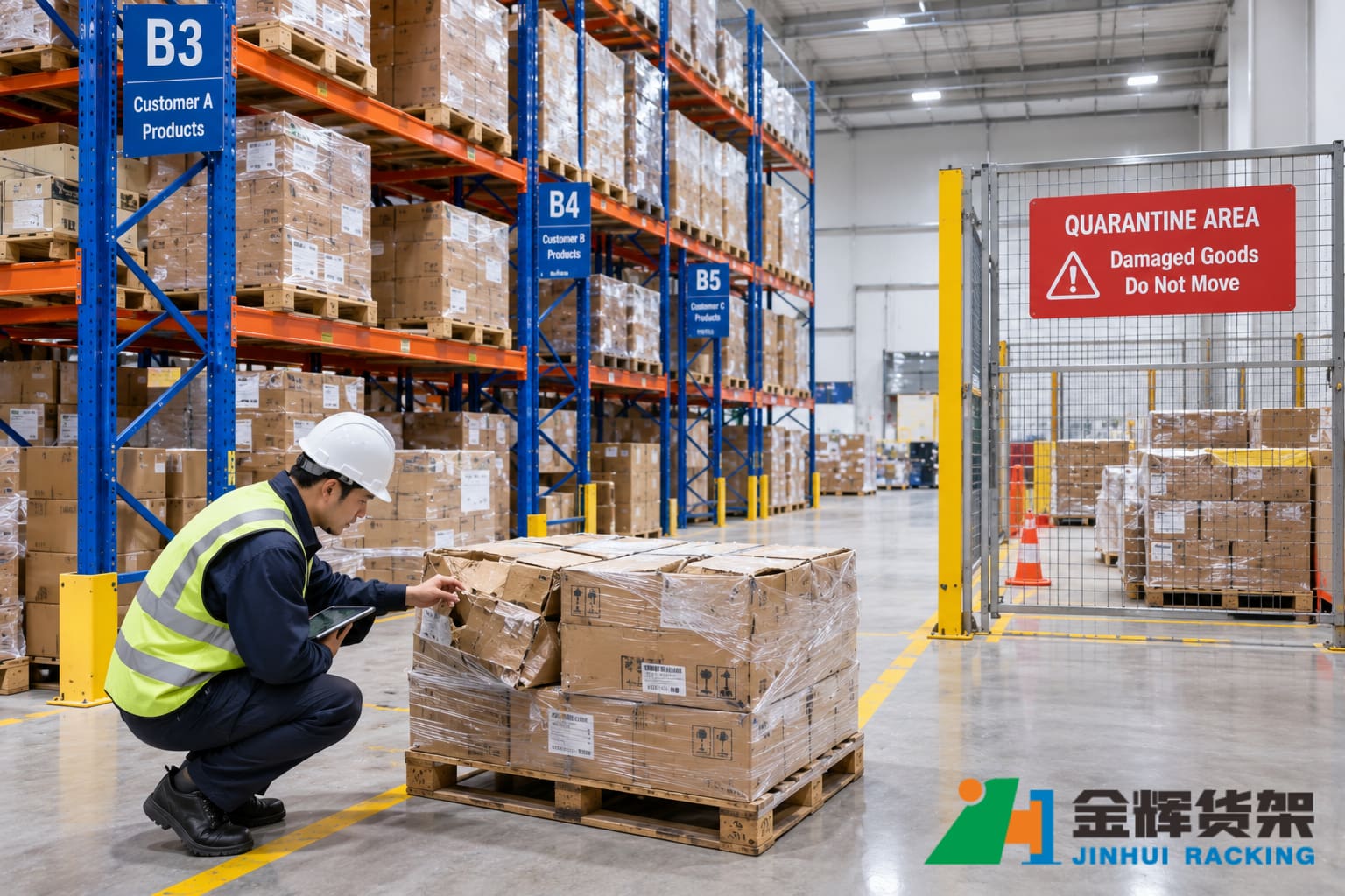 Warehouse employee inspecting damaged cartons beside organized pallet racking and a clearly separated quarantine storage area Warehouse employee inspecting damaged cartons beside organized pallet racking and a clearly separated quarantine storage area