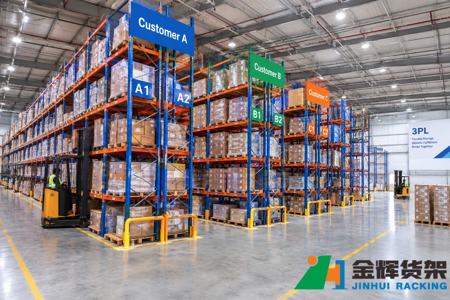 Third-party logistics warehouse with organized pallet racking and separate customer inventory zones Third-party logistics warehouse with organized pallet racking and separate customer inventory zones