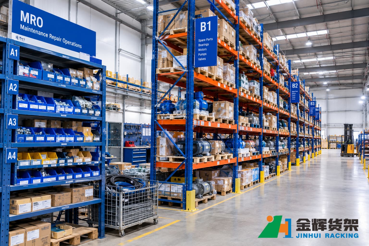 Industrial MRO warehouse with organized spare parts labeled shelving and pallet racking Industrial MRO warehouse with organized spare parts labeled shelving and pallet racking
