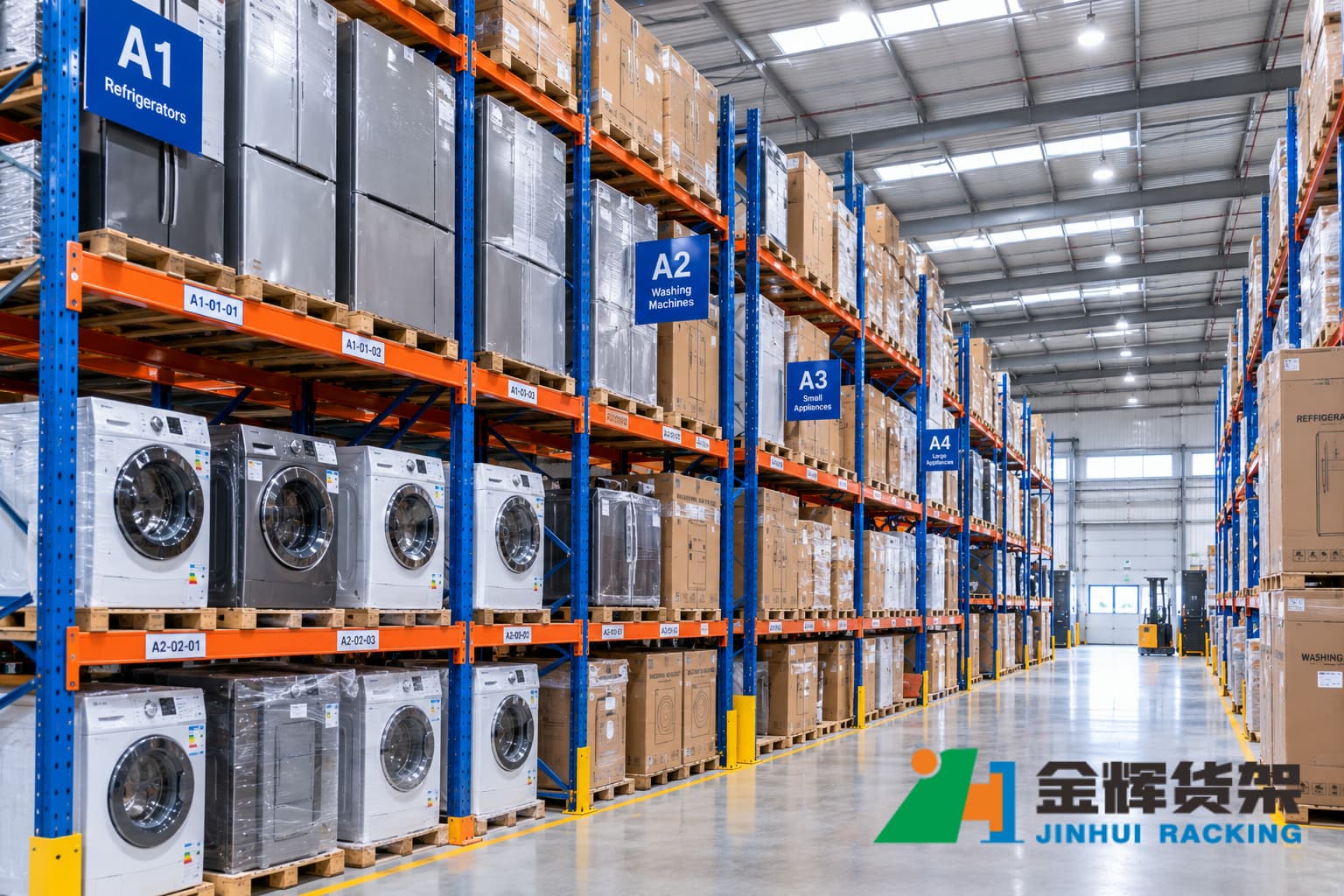 Home appliance warehouse with refrigerators washing machines and large boxed appliances organized on pallet racking Home appliance warehouse with refrigerators washing machines and large boxed appliances organized on pallet racking