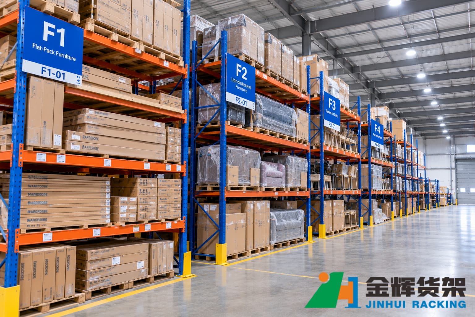 Furniture warehouse with flat-pack furniture cartons and bulky packaged furniture organized in clearly labeled pallet racking zones Furniture warehouse with flat-pack furniture cartons and bulky packaged furniture organized in clearly labeled pallet racking zones