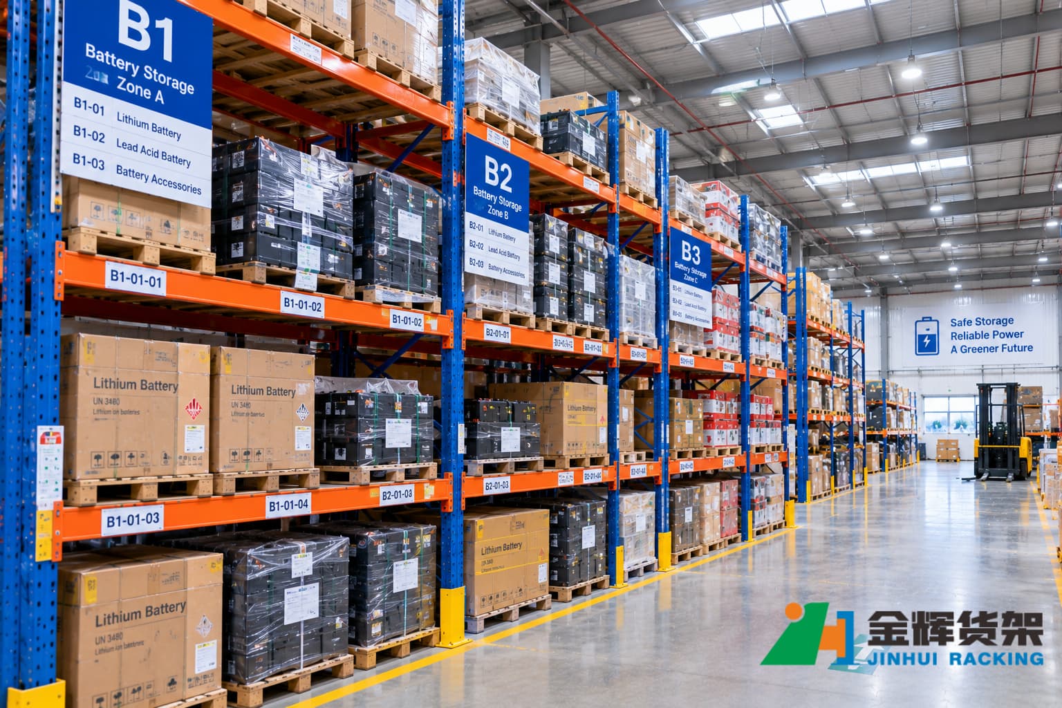Warehouse racking for packaged batteries with organized pallet storage zones and clearly identified inventory locations Warehouse racking for packaged batteries with organized pallet storage zones and clearly identified inventory locations