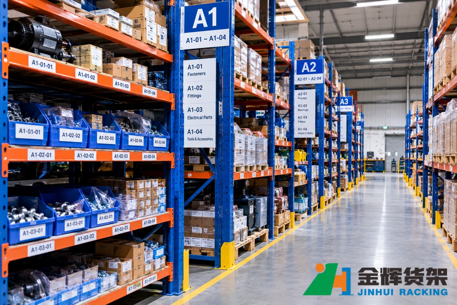 Organized maintenance spare parts inventory with clear warehouse rack location labels Organized maintenance spare parts inventory with clear warehouse rack location labels