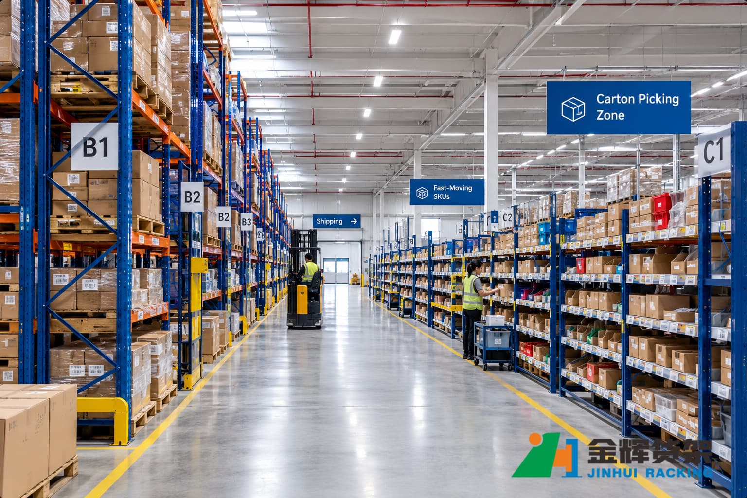 Warehouse racking for e-commerce fulfillment with organized SKU locations carton picking zones and clear warehouse aisles Warehouse racking for e-commerce fulfillment with organized SKU locations carton picking zones and clear warehouse aisles
