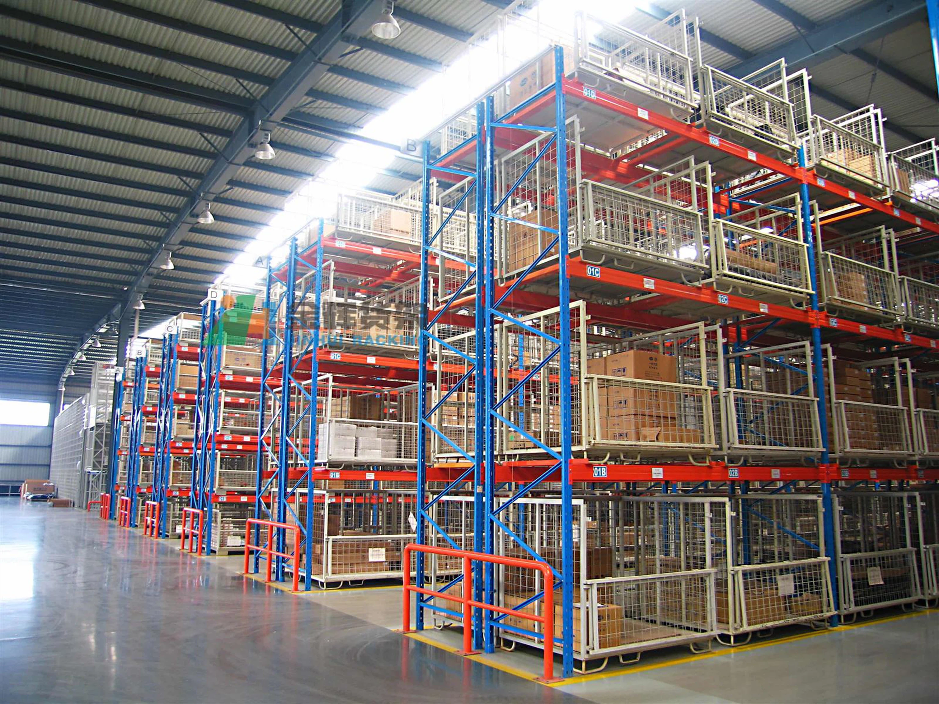 High-density selective pallet racking installation in an industrial warehouse High-density selective pallet racking installation in an industrial warehouse